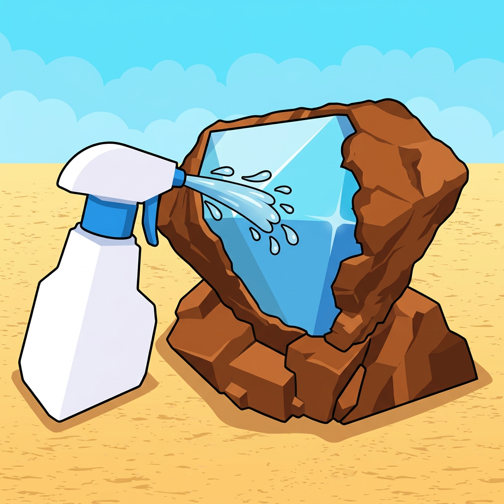 A spray bottle cleaning dirt from a blue gem in Dig and Clean